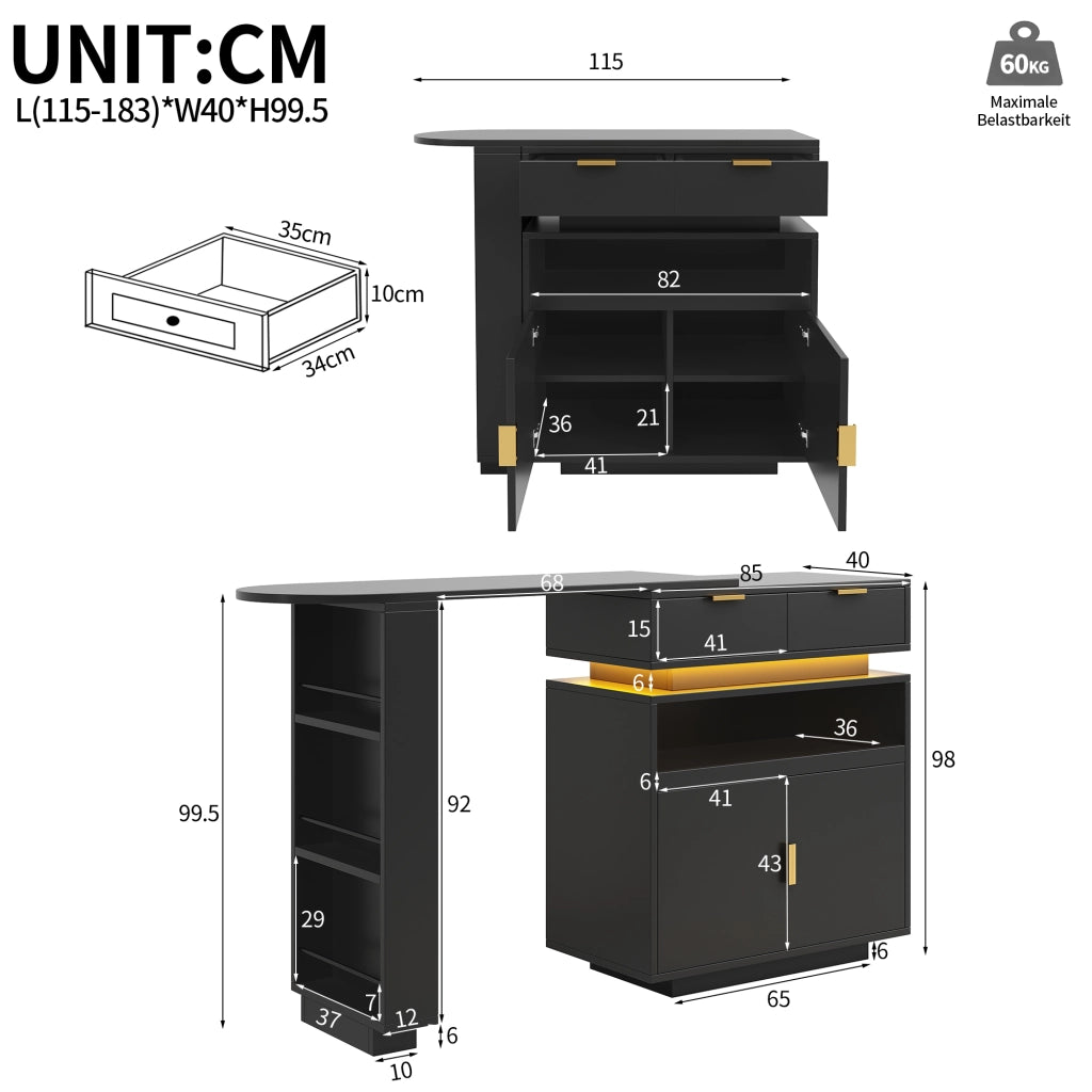 Tavolo Bar Allungabile con Contenitore e LED ¨C MINIMAL ¨C Nero 115-183x40x99 cm