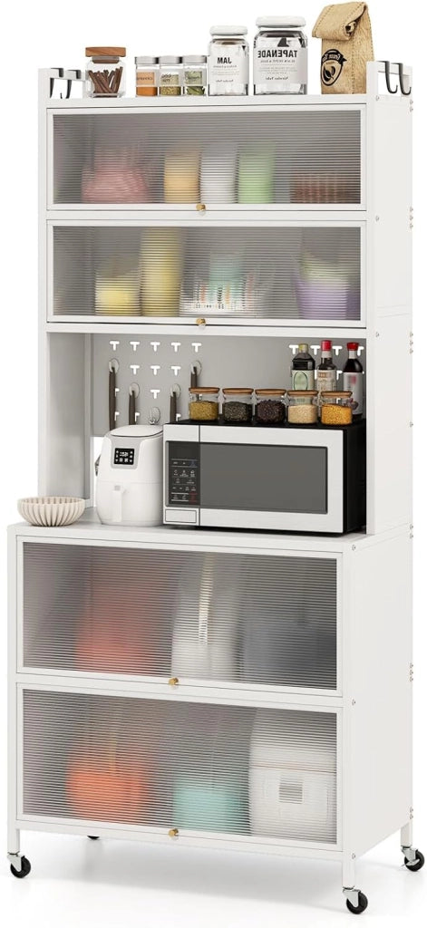 Credenza da Cucina a 5/6 Livelli, Armadietto Dispensa con 4 Ruote Universali, 4 Ganci e 10 Tasselli, Ripiano in Ferro, Mobile Buffet per Soggiorno, Sala da Pranzo (Grigio, 80 x 40 x 164 cm)