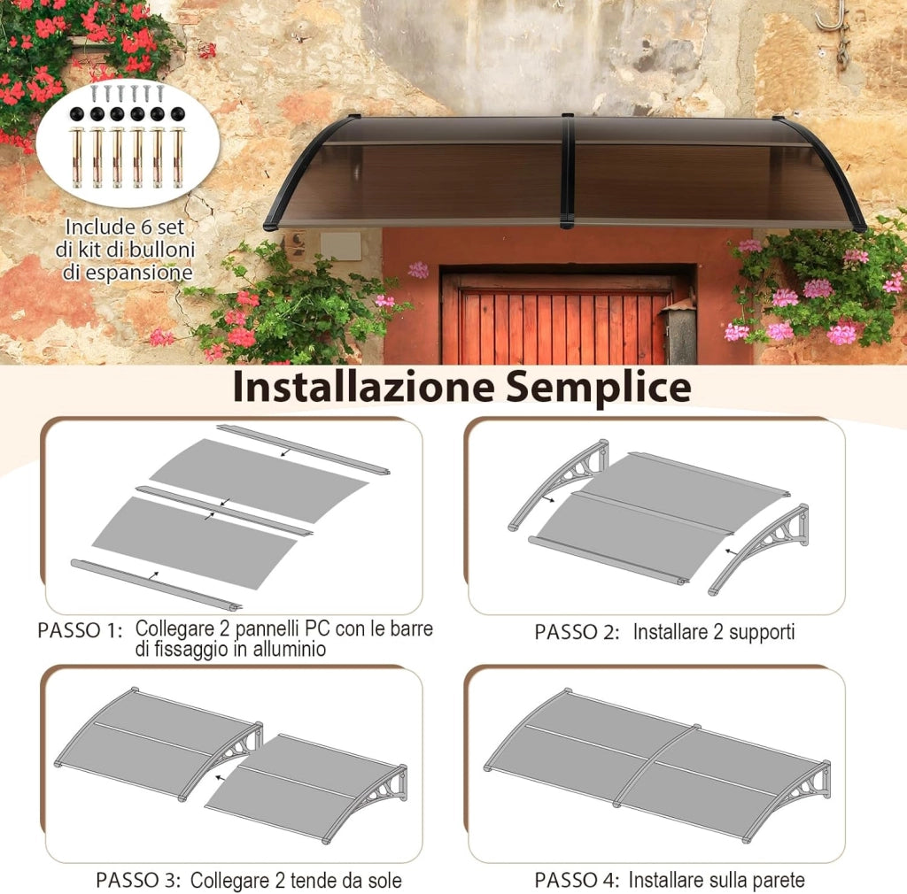 Tettoia per Porta Finestra, Pensilina Tettoia per Porta in Policarbonato, per Protezione da Sole, Pioggia, Neve, per Balcone, Finestre e Porte (199 x 99 x 28 cm,Marrone)
