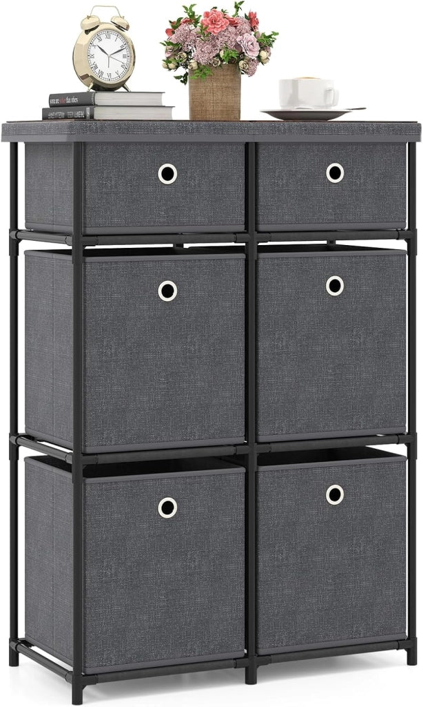 Comò con 6 Cassetti, Cassettiera in Tessuto con Struttura in Metallo e Legno, Armadietto Portaoggetti Salvaspazio, per Soggiorno, Camera da Letto e Corridoio (58 x 29 x 84 cm,Grigio)