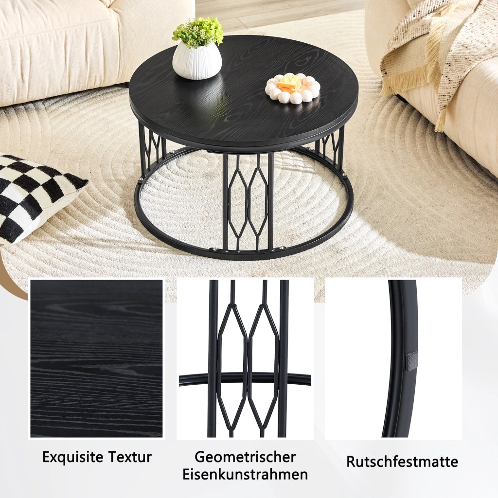 Tavolino basso rotondo in MDF con piano effetto legno e struttura in metallo per soggiorno nero Ø 70 × 40,5 cm