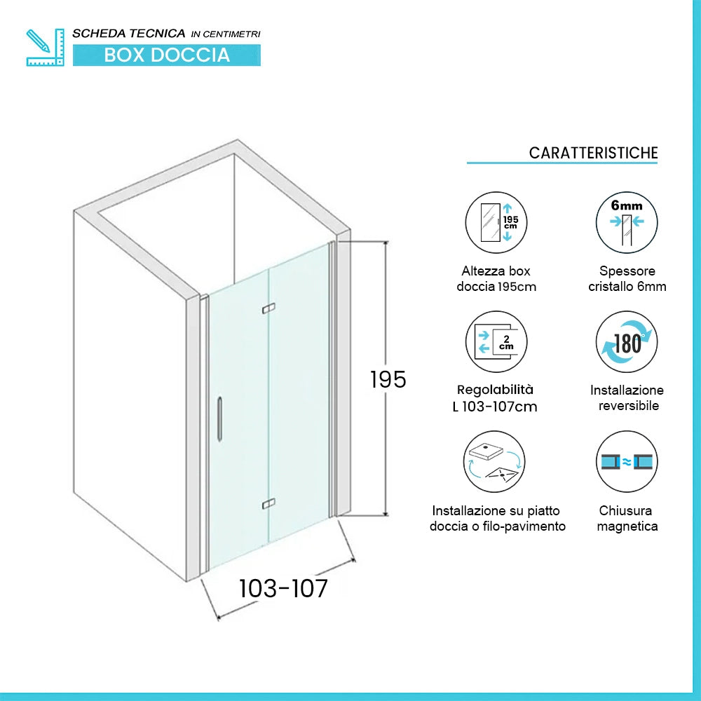 Porta doccia a soffietto per nicchia 105cm in vetro temperato trasparente con profili cromo Neos