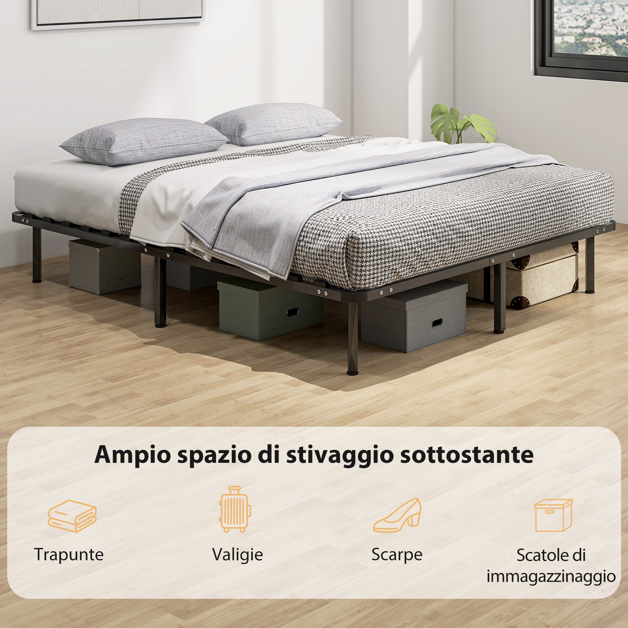 Rete Fissa Letto Matrimoniale 190x160x31 cm a 28 Doghe con Spazio Sottostante in Legno e Acciaio Nero e Legno