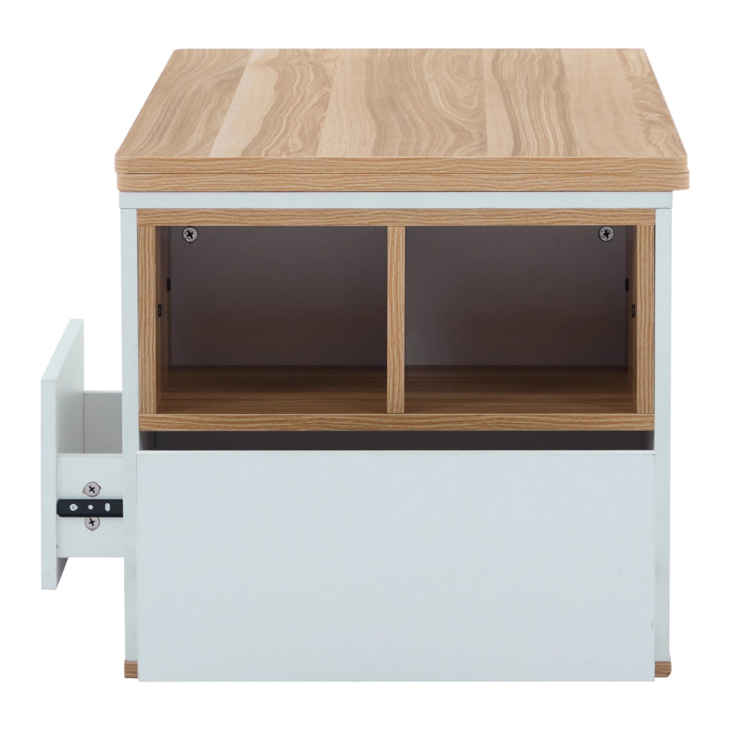 Tavolino da caffè 100x51x47 cm; piano sollevabile 2 in 1 con 2 cassetti; truciolare bianco e colore naturale