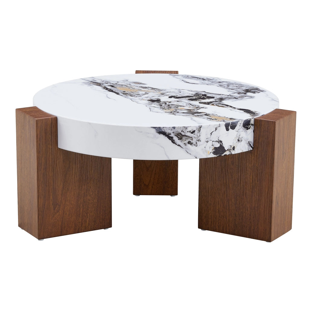 TAVOLINO DA CAFFÈ Set da 2 pezzi rotondo MDF effetto noce bianco marmo vetro
