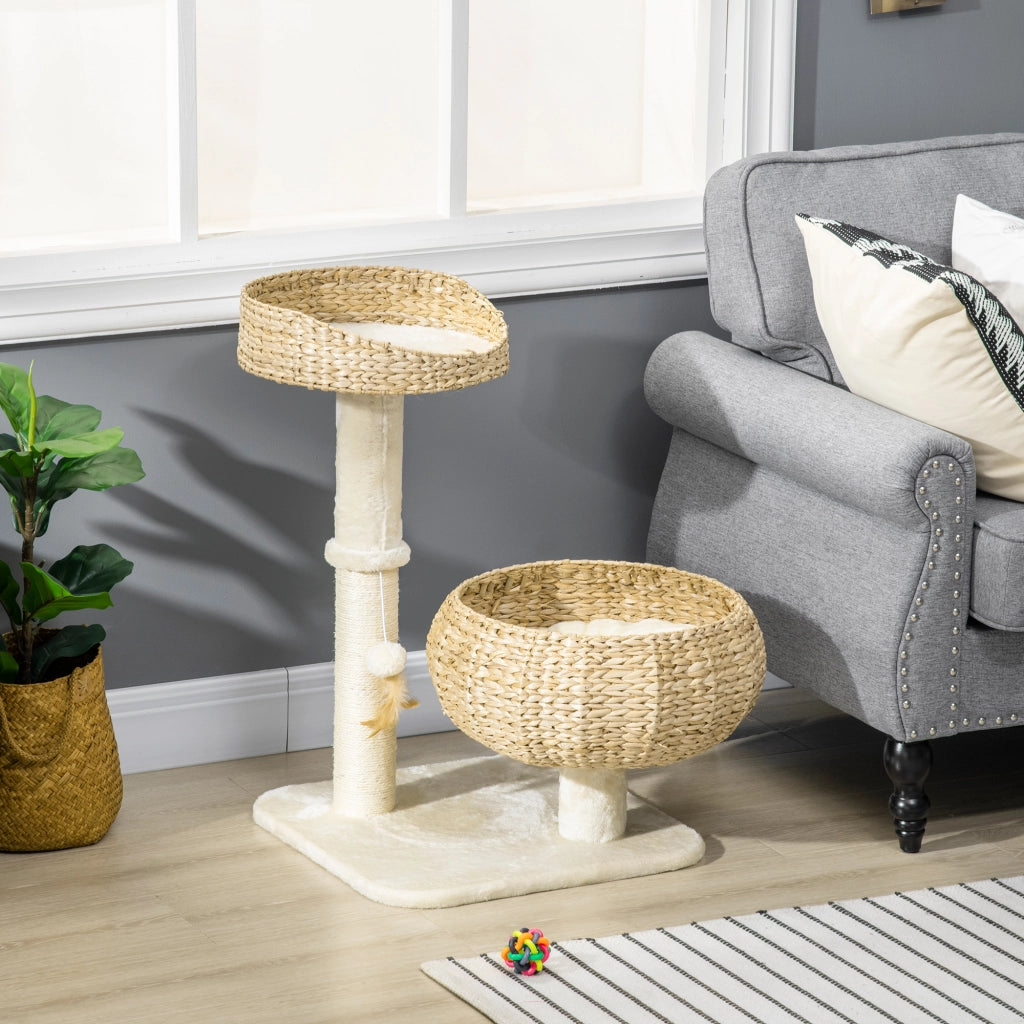 Tiragraffi per gatti a 2 livelli con palla sospesa ¨C zephmum ¨C grigio, sisal, 72x40x40 cm