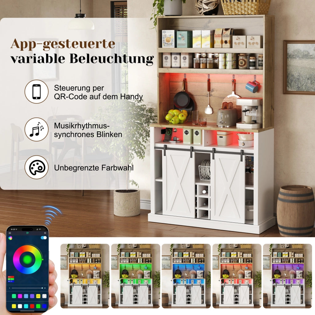 Credenza alta da cucina con LED e prese USB, per cucina e sala da pranzo, in MDF, bianco naturale, 110 × 40 × 191 cm
