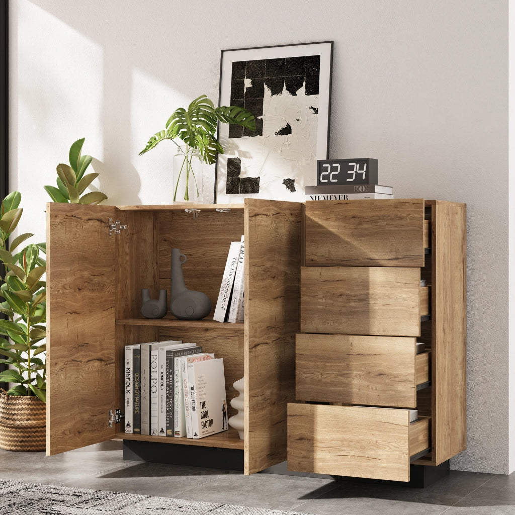 Com¨°, dispensa, credenza - Zephmum - 4 cassetti, 2 ante, nero e tonalit¨¤ naturali, 120x35.5x90.5 cm