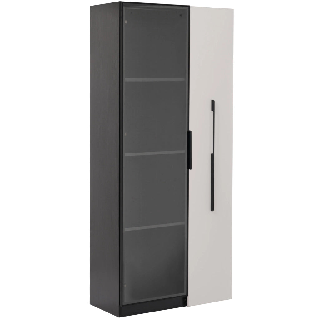Vetrina multifunzione 70x40x160 cm con LED, ante in vetro e contenitore laterale, nero/bianco