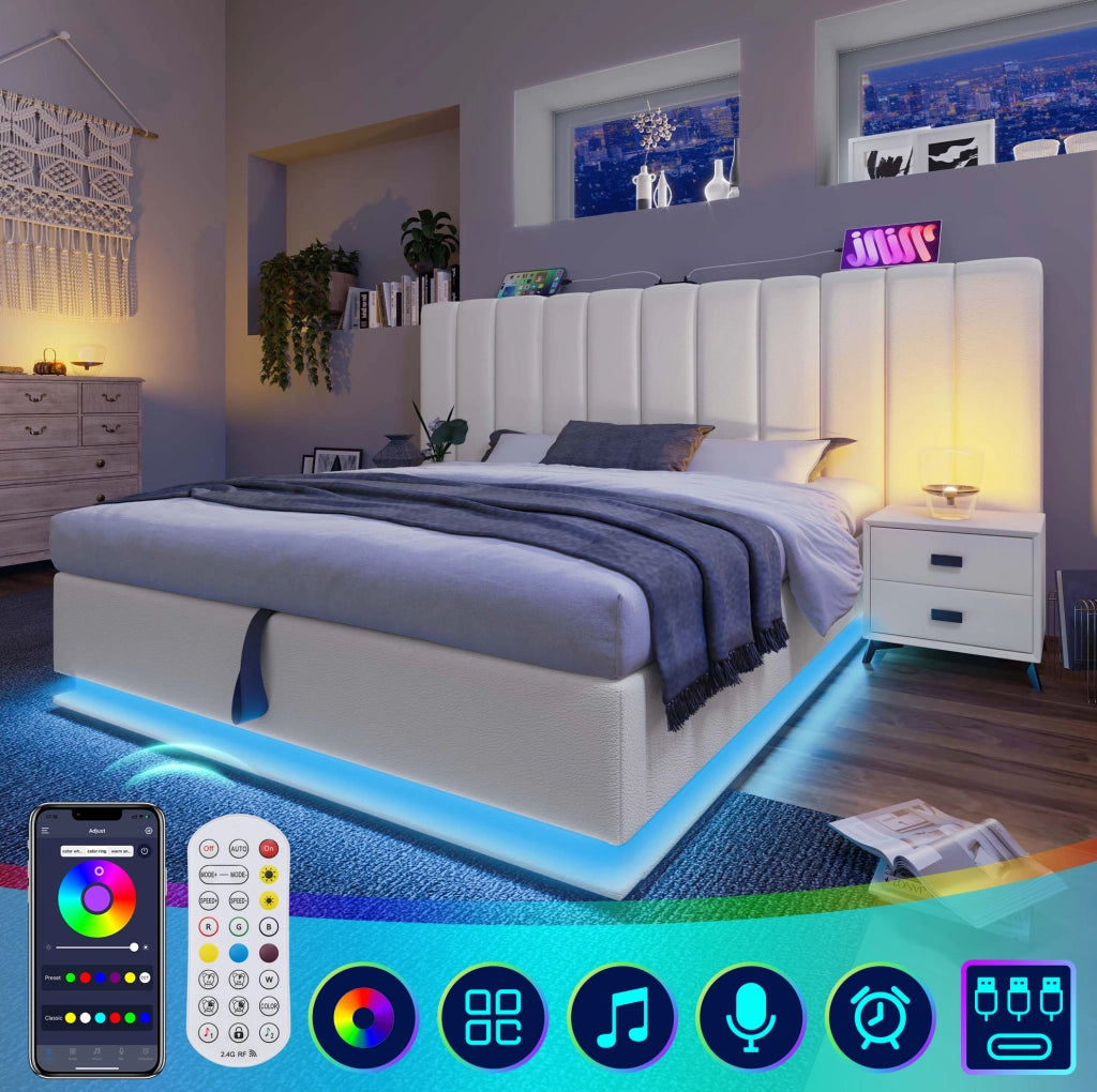 Letto matrimoniale imbottito ULEVR 160x200 cm con contenitore idraulico, LED, USB e Type-C, PU bianco