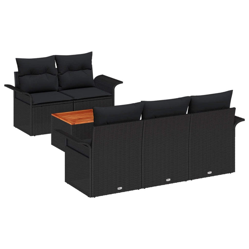 Set Divano da Giardino 6 Pezzi con Cuscini Neri Polyrattan Acacia