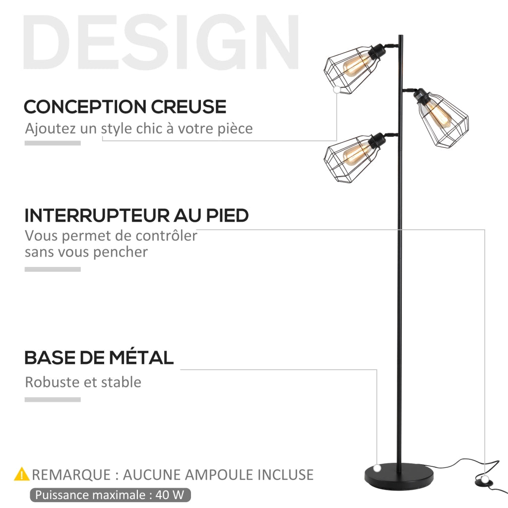 Lampada da terra a tre luci ¨C zephmum ¨C gabbia metallica nera