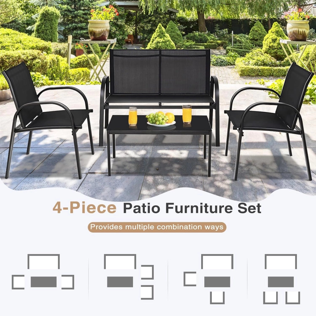 Set di 4 mobili da giardino per 4 persone, set da giardino con 2 sedie e 1 panca e 1 tavolino da caffè, set di mobili da terrazza per piscina, cortile (nero), QF54737IBDE
