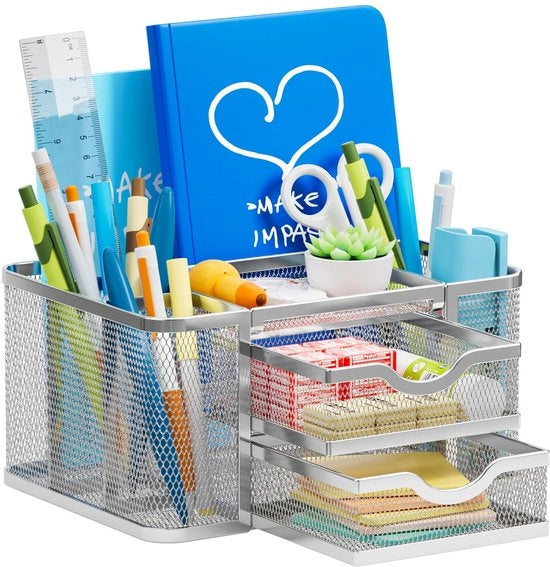 Organizzatore di scrivania a rete, Pen holder multifunzionale con 2 cassetto, Accessori di scrivania per articoli da ufficio domestico (Argento)