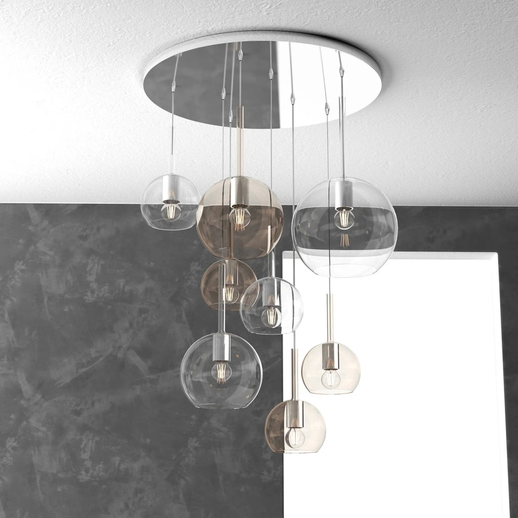 Lampadario Contemporaneo Future Metallo Cromo Vetro Mix Trasp-Ambra 8 Luci E27