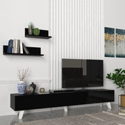 Set di Mobile TV e 2 Mensole da Muro Armadietto Porta TV 180 cm con 2 Ante a Ribalta e Mensole a Forma di L Lunghezze Diverse - Nero [en.casa]