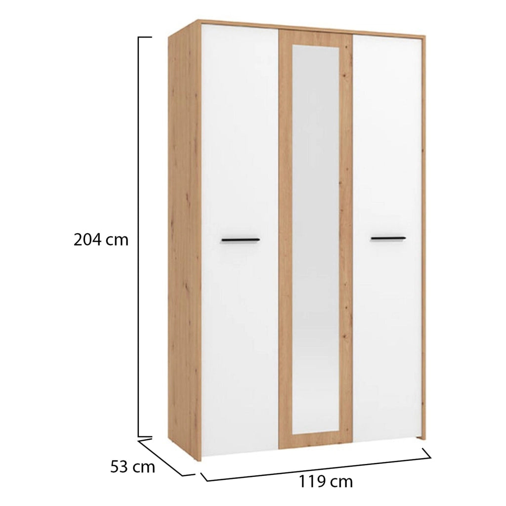 Armadio Camera da Letto Lavagno, Guardaroba 3 Ante Appendiabiti, 119x53 cm Bianco Rovere Nodi