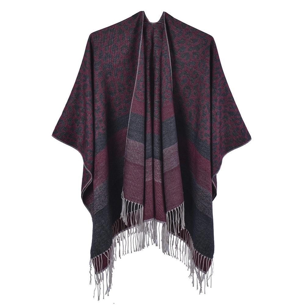 Sciarpa/stola invernale da donna, elegante mantello in cashmere con stampa leopardata e nappe, con spacco.