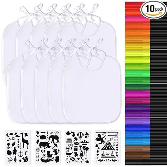 Set di 10 pennelli per verniciare di cotone bianco per bambini con strato impermeabile incluso pennelli per tessuti e stencil per festa di compleanno dei bambini
