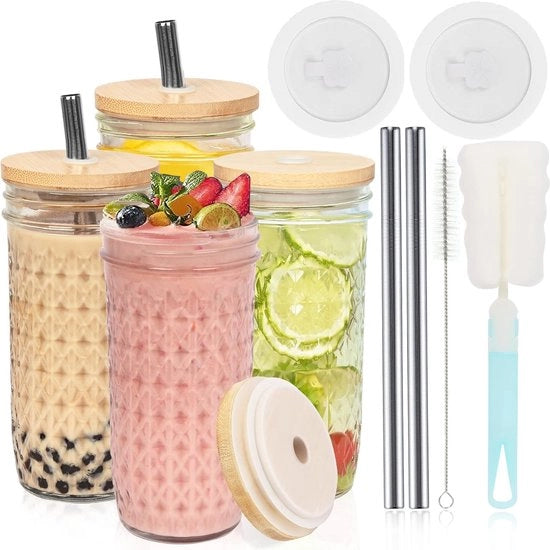 Set di Bicchieri per Bubble Tea con Coperchio e Strofinaccio, 730 ml, Set da 4, Bicchieri in Ceramica Riciclabili, Bicchieri per Cocktail, Bicchieri per Iced Coffee, per Milkshakes, Smoothies, Birre