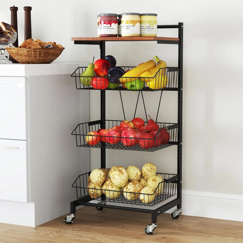 Carrello portaoggetti a 4 livelli, carrello da cucina con piano in legno, 3 cestini in metallo, telaio in metallo a 'W', carico totale 40 KG, mobile portaoggetti per cucina, camera da letto