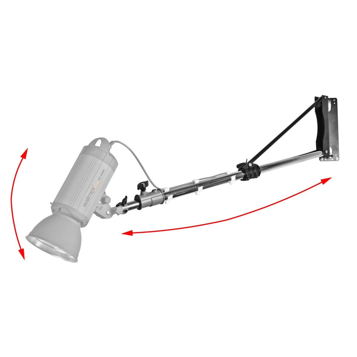 Supporto a parete per illuminazione fotografica 120-215 cm, 1200 x 250 x 80 mm, max 4 kg, con Spigot, per faretti luci flash studio fotografico