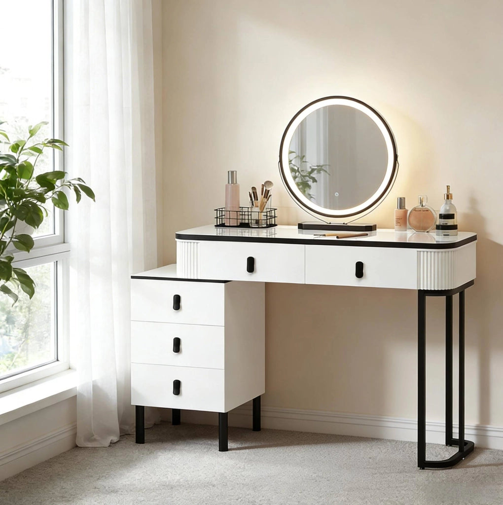 Tavolo Vanity Make-up con Specchio LED Dimmerabile, 100x125x40 cm, Nero e Bianco