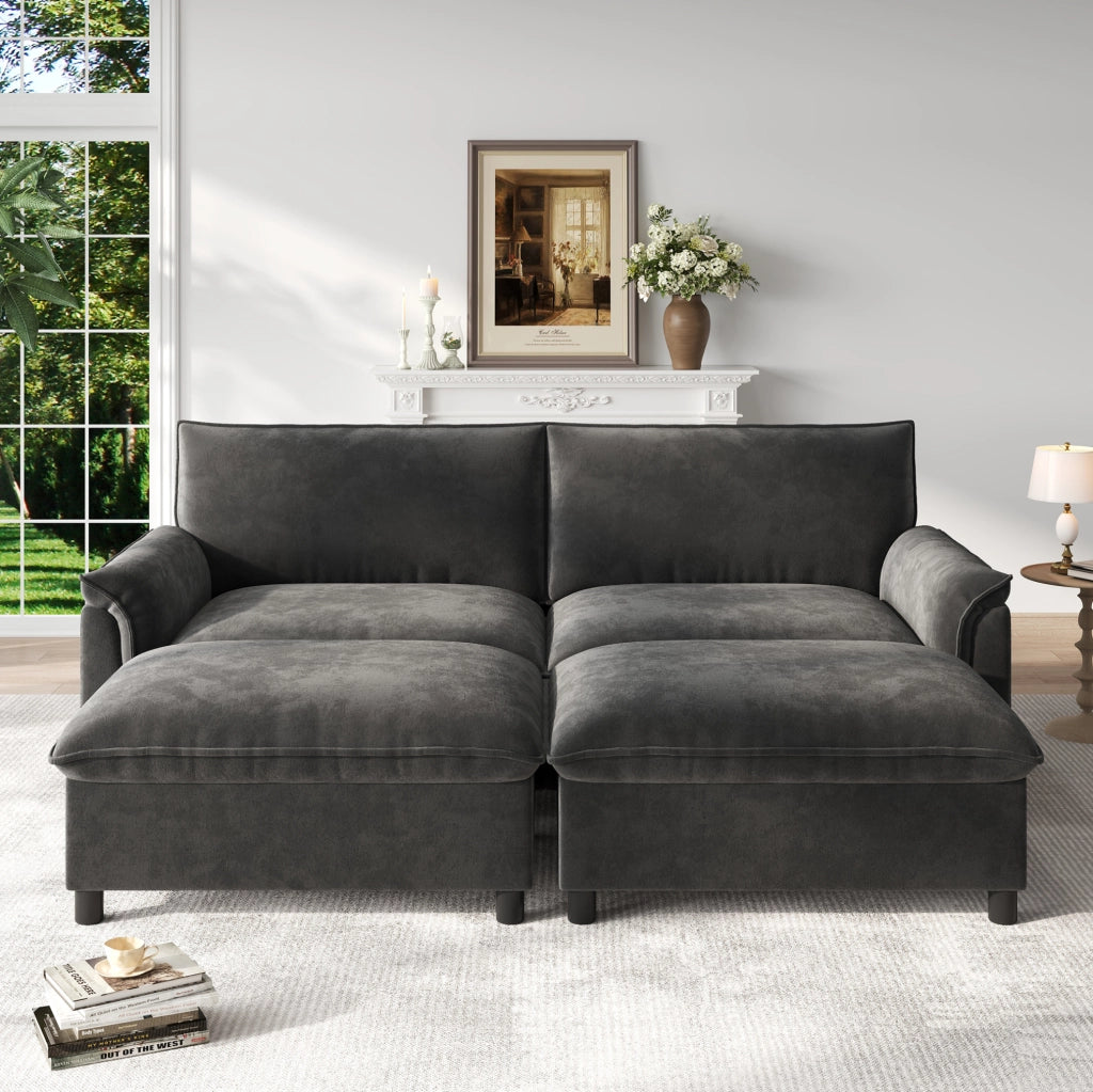 Divano modulare con pouf mobili e vano contenitore, ciniglia grigia