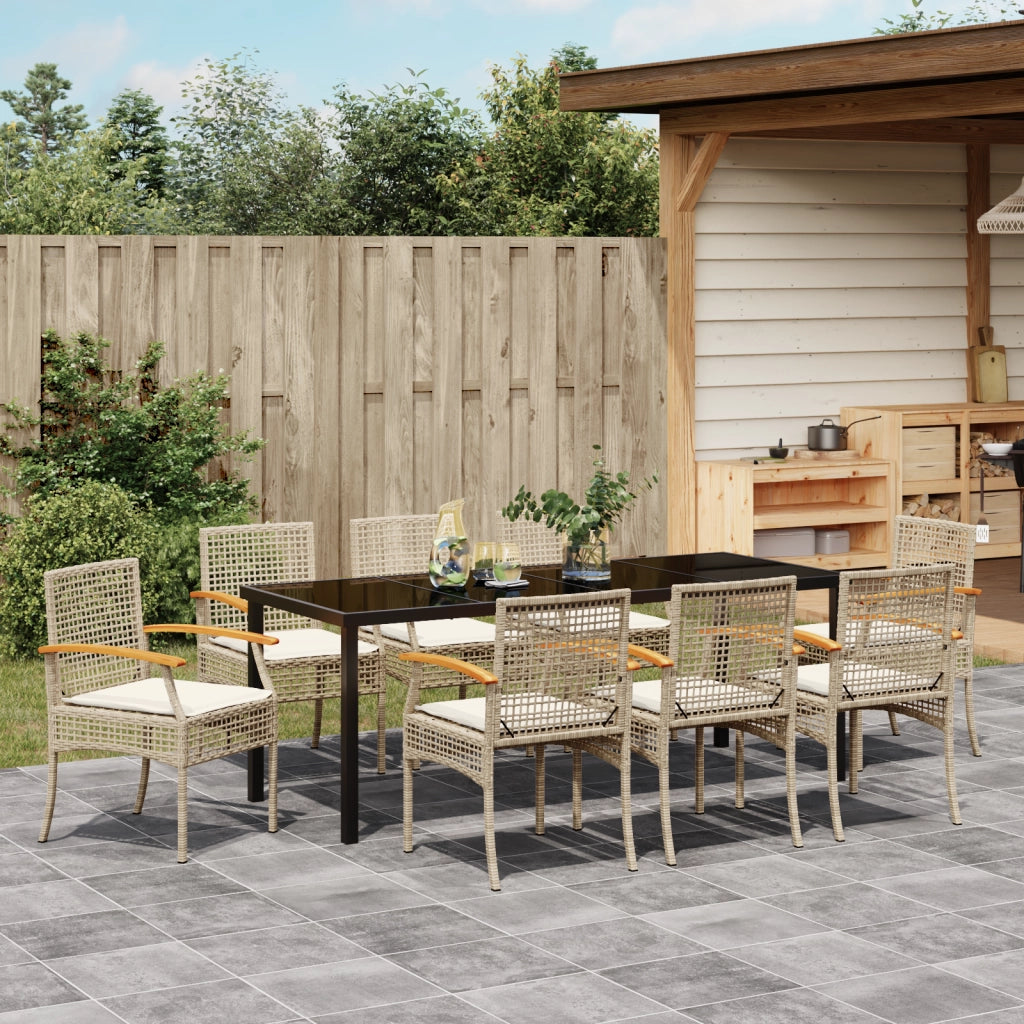 Set da pranzo da giardino da 9 pezzi con cuscini beige in polirattan