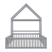 Letto per bambini 140×200 cm con tetto; porta; ripiani e asta appendiabiti; rete a doghe; senza materasso; grigio
