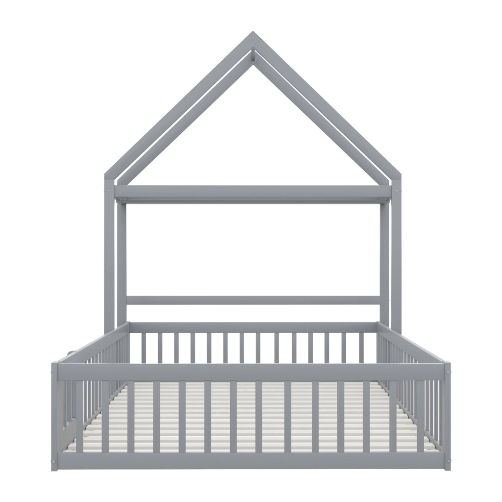 Letto per bambini 140×200 cm con tetto; porta; ripiani e asta appendiabiti; rete a doghe; senza materasso; grigio