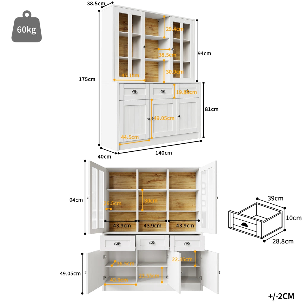 Vetrina alta da cucina con ripiani regolabili e ante in acrilico con sistema antiribaltamento; in MDF; Bianco; 140x38.5x175 cm