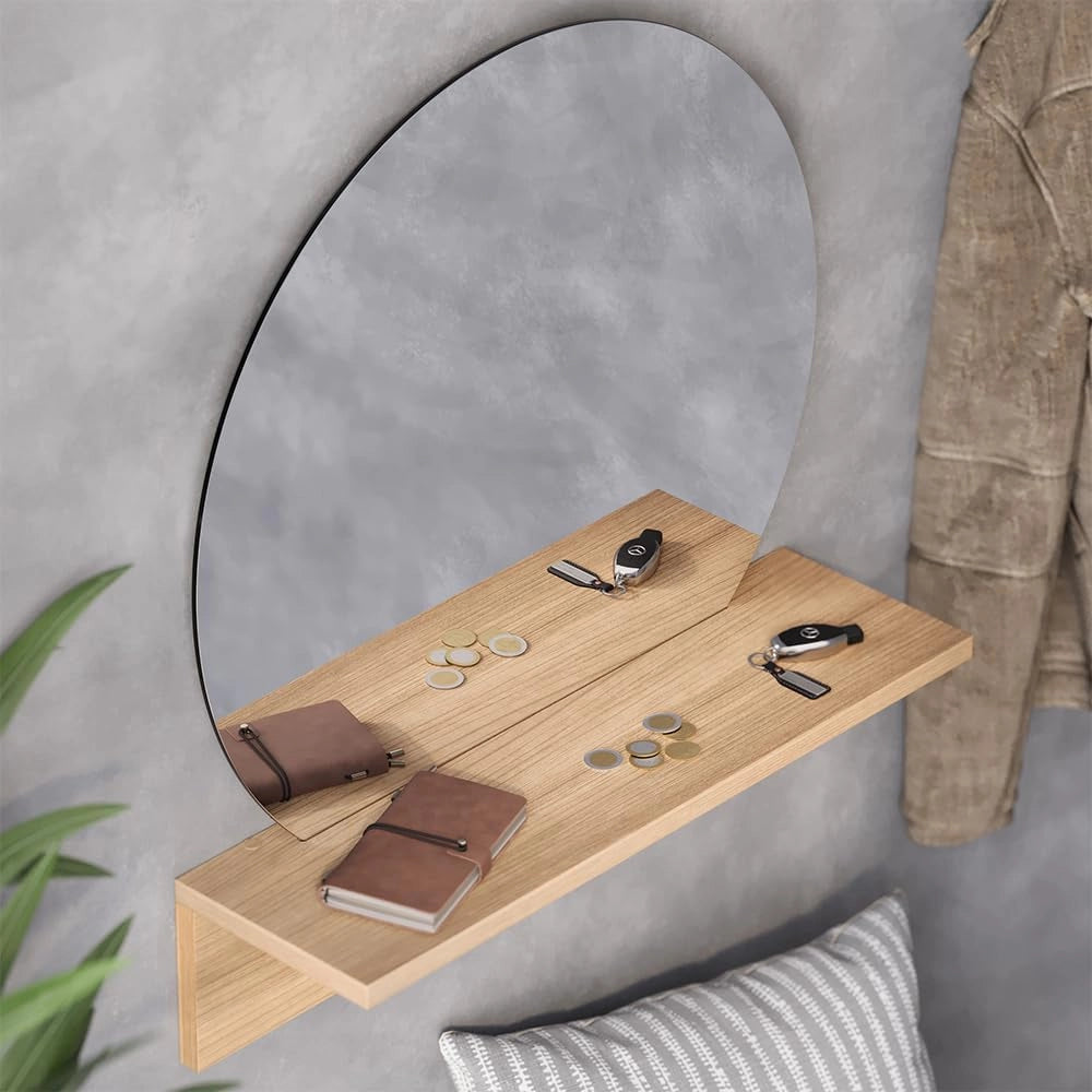 Specchio bagno Elyra, Quercia dorata, 50 x 54.5 cm con ripiano, adatto al montaggio a parete per l'uso quotidiano