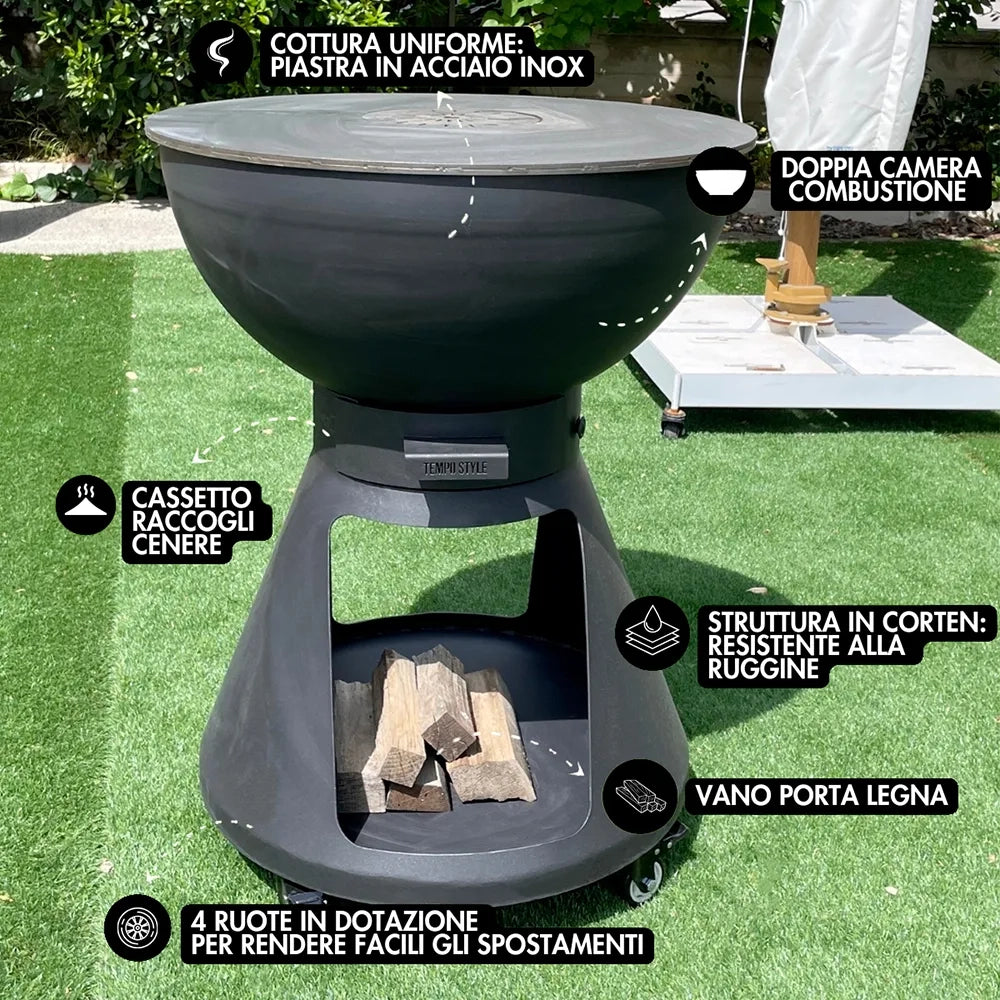 Tempo Style – Barbecue a Legna e Carbone Yucatán Antracite | BBQ in Acciaio Corten da Esterno con ruote e Griglia di cottura in Acciaio Inox 316
