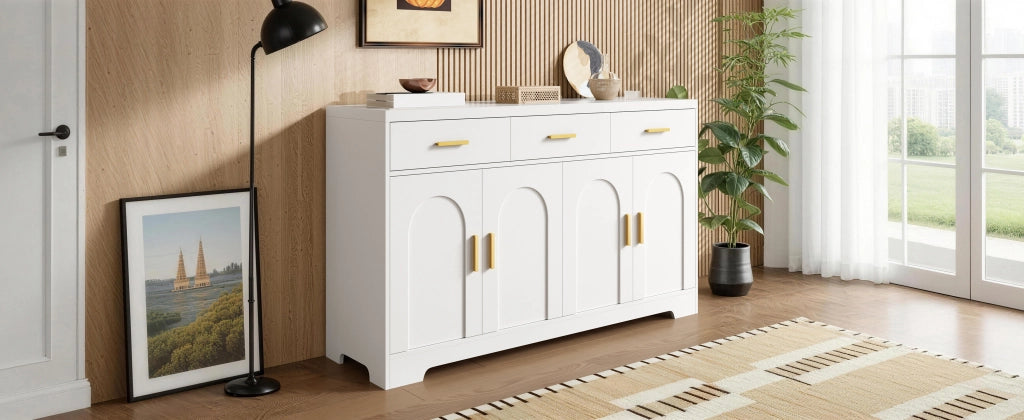 Credenza 140 cm bianca con 4 ante ad arco; 3 cassetti e ripiani regolabili
