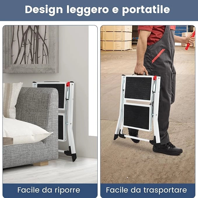 Scaletta con 2 Gradini, Sgabello Pieghevole con Telaio in Metallo, Tappetini e Pedali Antiscivolo, Capacità di Carico di 150 kg, per Casa, Ufficio, Fattoria e Garage