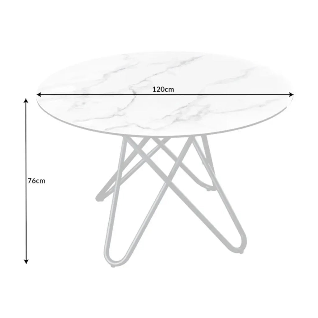 Tavolo da pranzo BAUMA 120 cm – Piano rotondo in ceramica effetto marmo bianco e gambe in metallo – Stile moderno chic