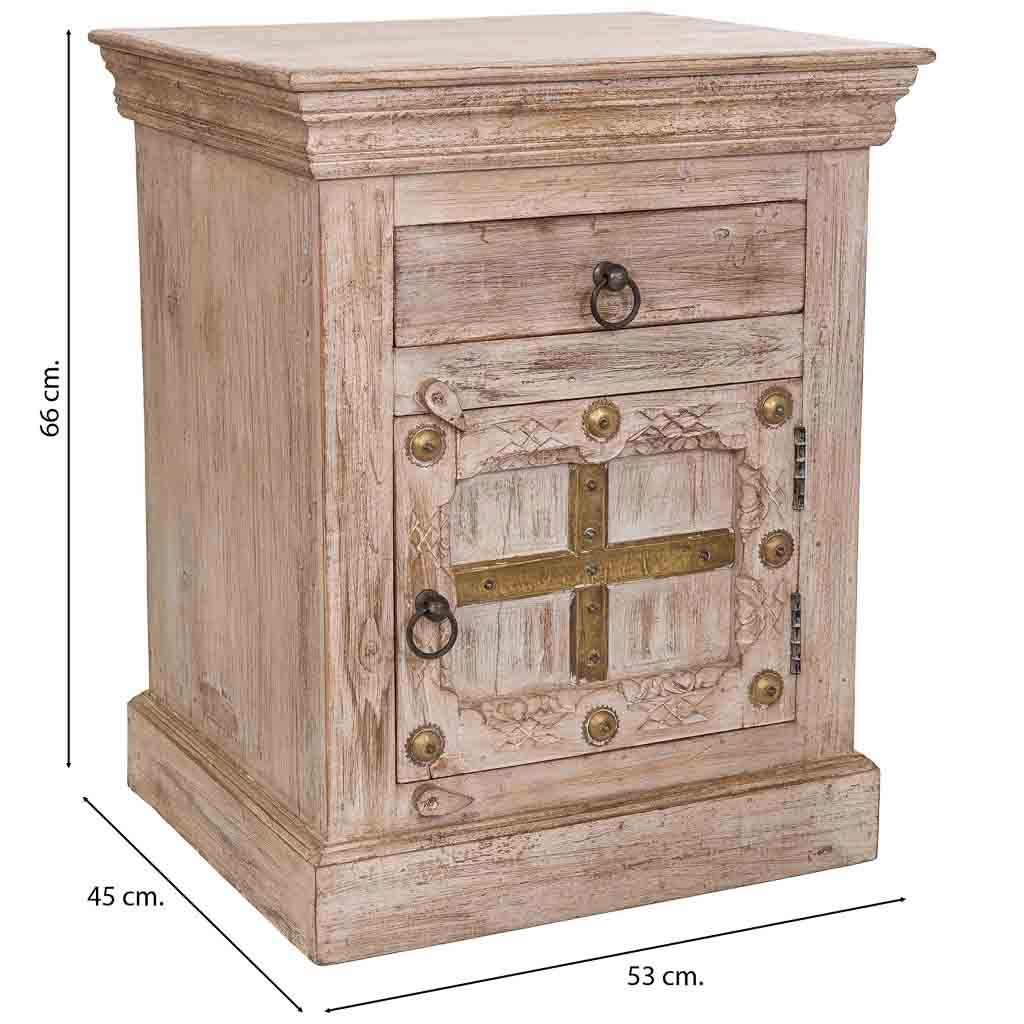 Comodino in legno beige fatto a mano, 53x45x66h cm