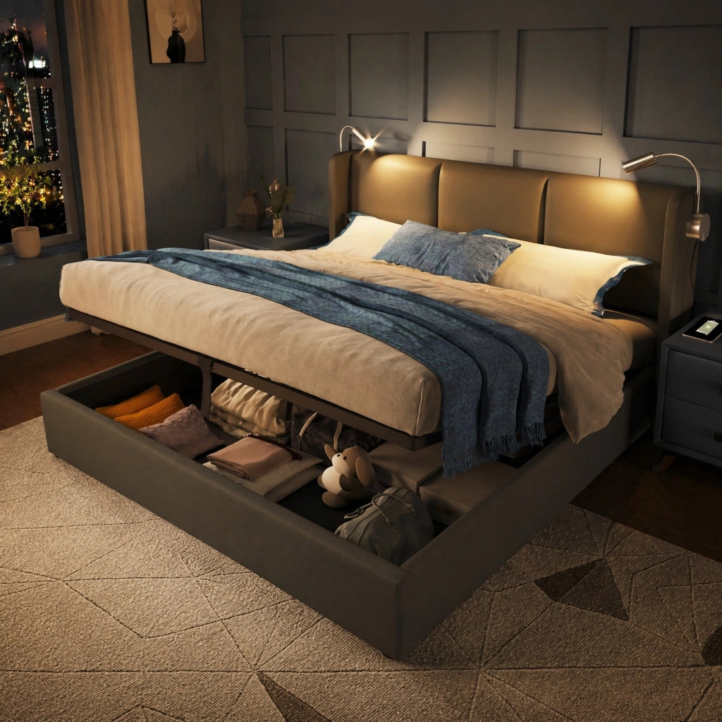 Letto matrimoniale imbottito 140x200 con contenitore, luce da lettura e porta USB, struttura in PU grigio