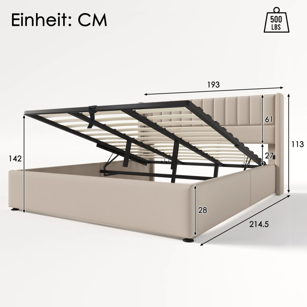 Letto matrimoniale contenitore 180x200 cm con rete sollevabile; in lino beige