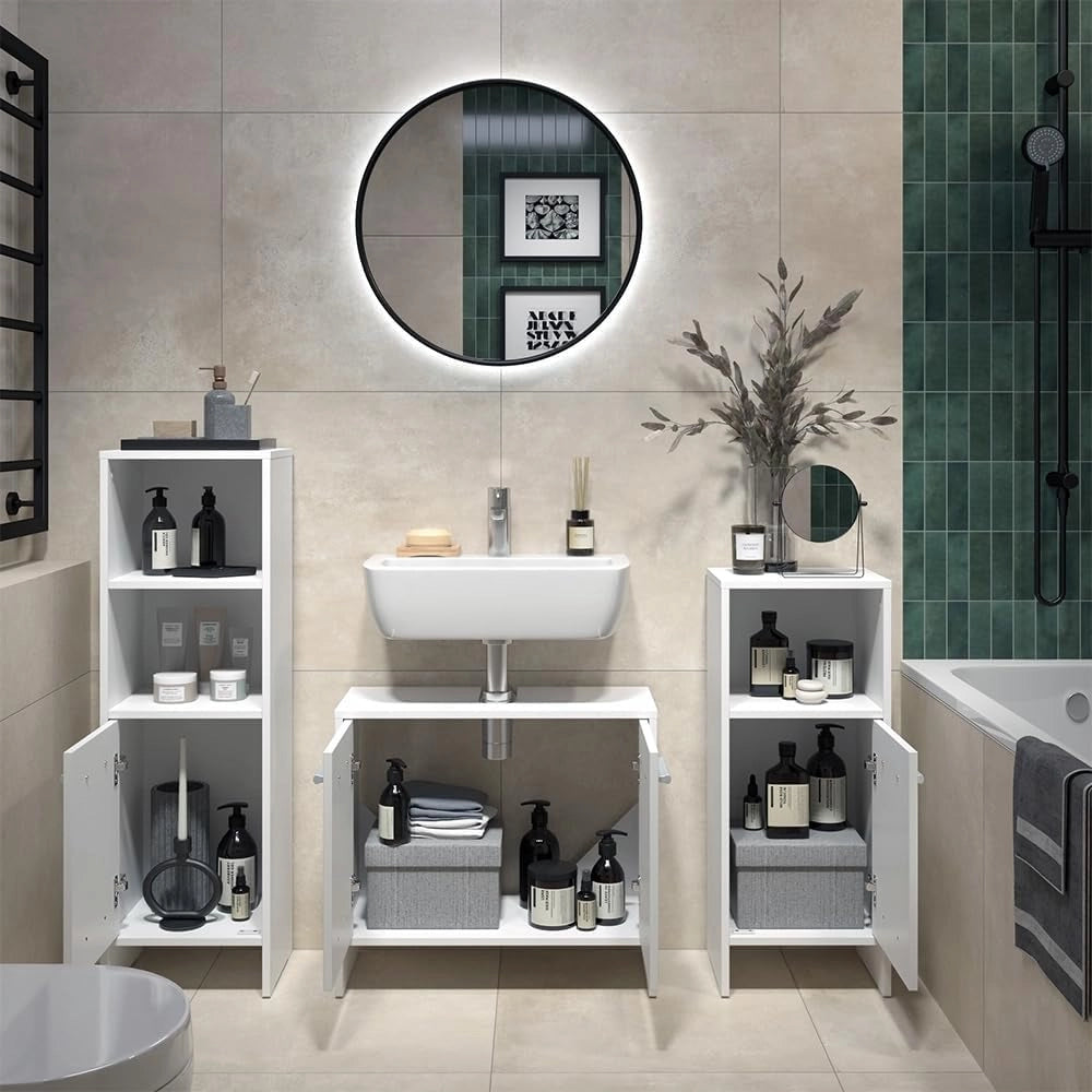 Set di mobili da bagno Karli, Bianco, 63.8 cm, composto da mobile sottolavabo, specchiera e colonna alta