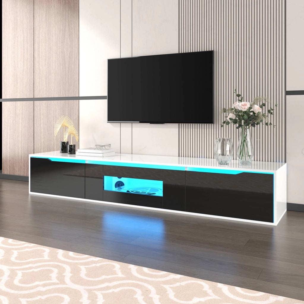 Mobile TV moderno nero e bianco lucido con LED multicolore, 180 cm