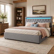 Letto imbottito 180x200 cm con contenitore; sollevamento idraulico; LED e USB; grigio