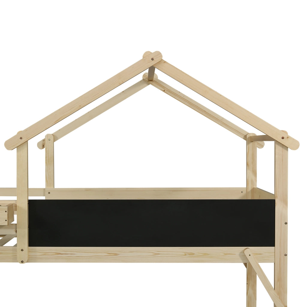 Letto a Castello 90x200 cm - Tetto; Lavagna e 3 Armadietti - in Legno - Bianco e Naturale