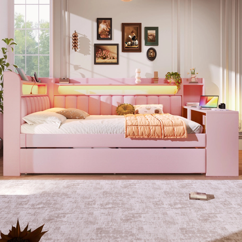 Letto a soppalco imbottito 140x200 cm rosa con LED; USB; letto estraibile e scrivania