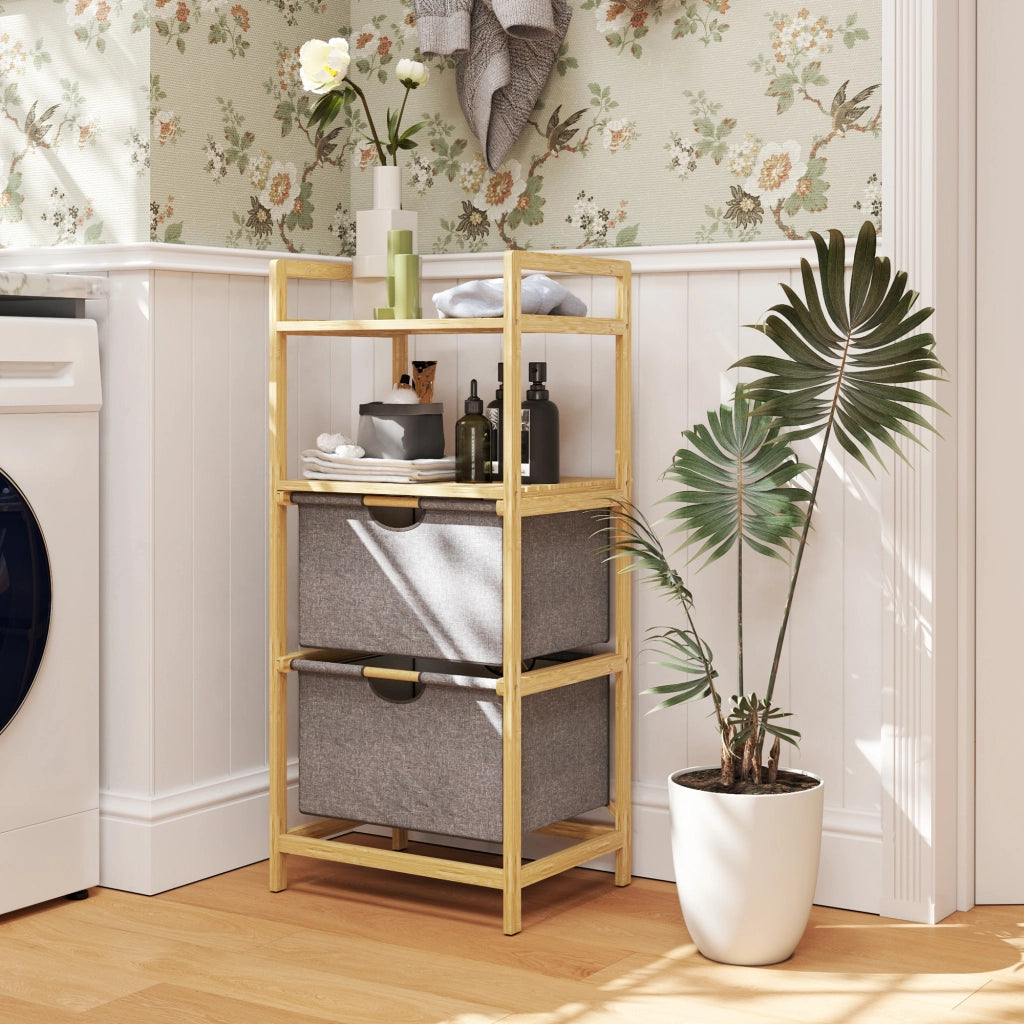 Cestino per il bucato in bamb¨´ con 2 sacchetti in tessuto scorrevoli e ripiani aperti ¨C Zephmum ¨C Naturale 80x40x60