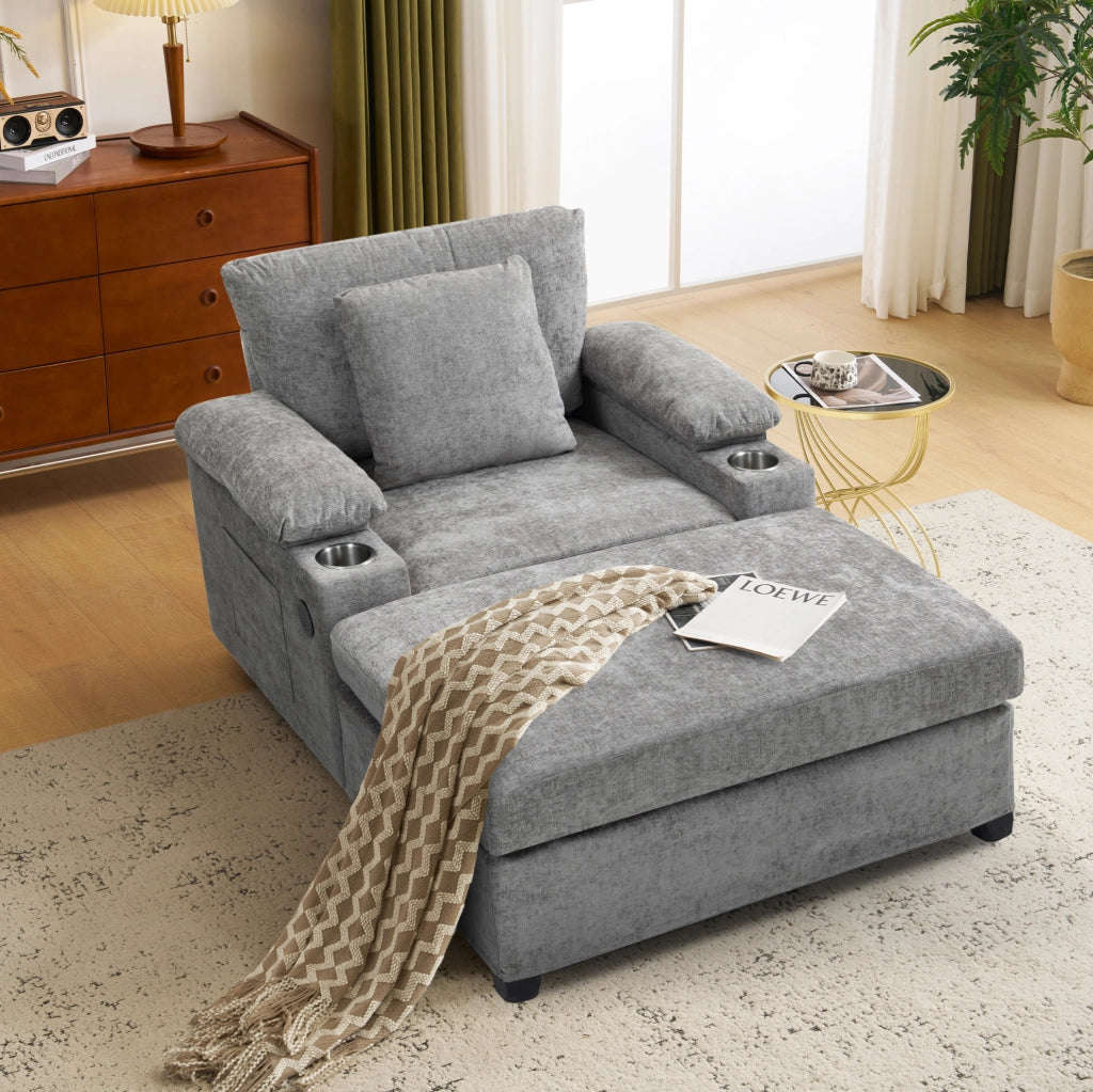 Poltrona relax convertibile in divano letto con portabicchieri; chenille grigio