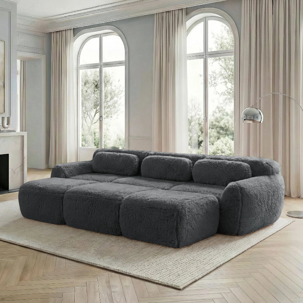 Divano modulare senza struttura in tessuto plush; 291x179x73 cm; grigio