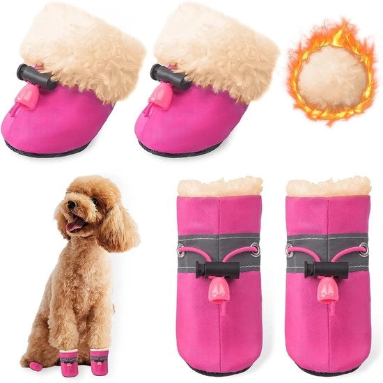 Calzature per cani, 4 pezzi, stivali per neve, scarpe per cani, adatti per piccoli cani, cani di taglia media, con antiscivolo e caldo, adatti per attività all'aperto, lavabili, S, rosa