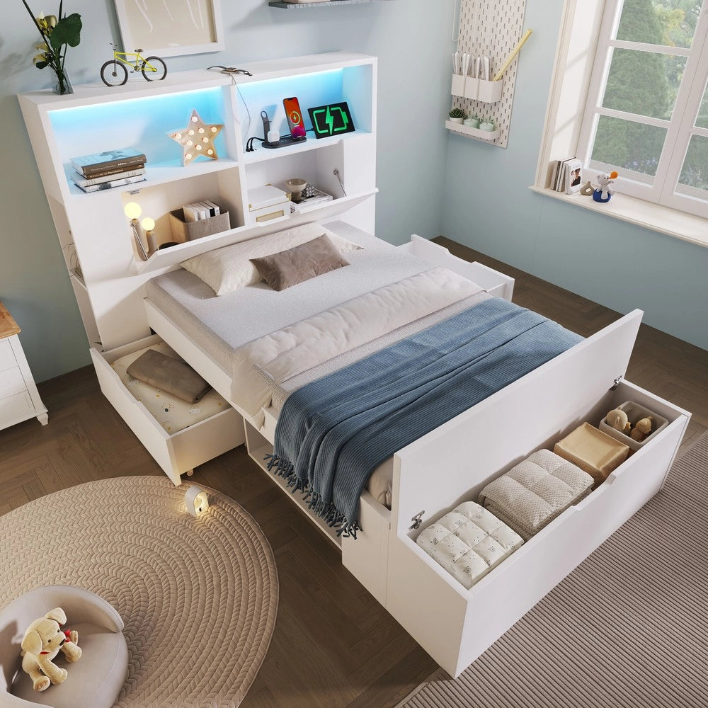 Letto Singolo in Legno con Contenitore, LED, Cassetti e Doghe ¨C MINIMAL ¨C Bianco 90x200